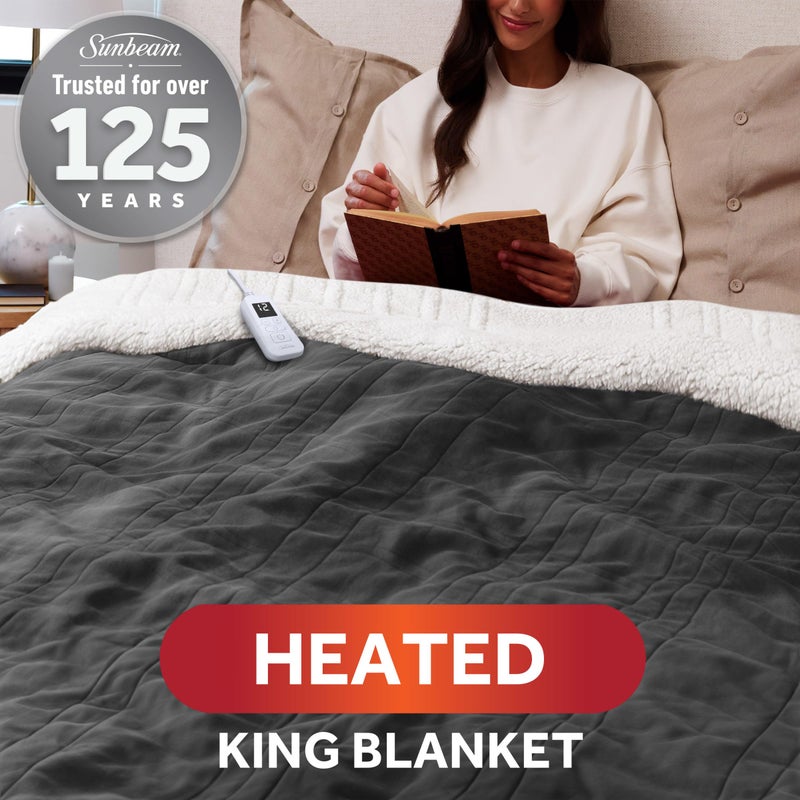 Sunbeam Electric Royal Luxe Microplush Reverse Sherpa Heated Blanket, 12 Heat Settings, 12-Hour Selectable Auto Shut-Off, Fast Heating, Warm and Cozy, Night Fog, King, 90" x 100" - Image 2